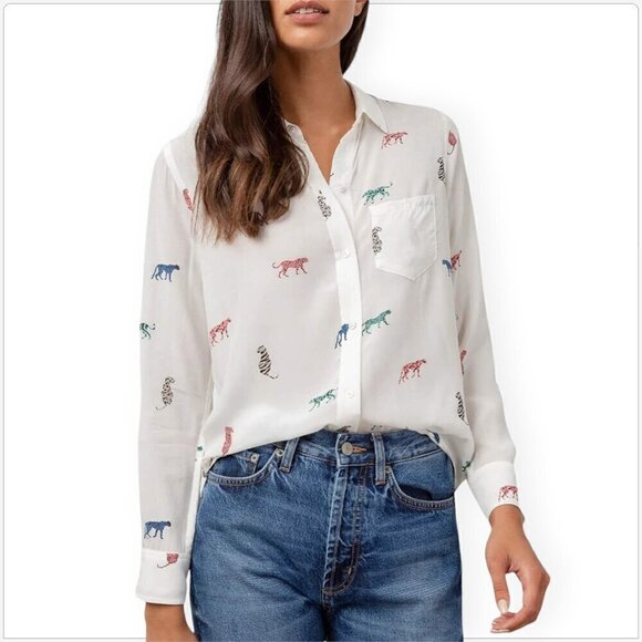 Rails Kathryn Multi Wild Cats Button Front Shirt Animal Print White NWT NEW XL - Picture 1 of 7